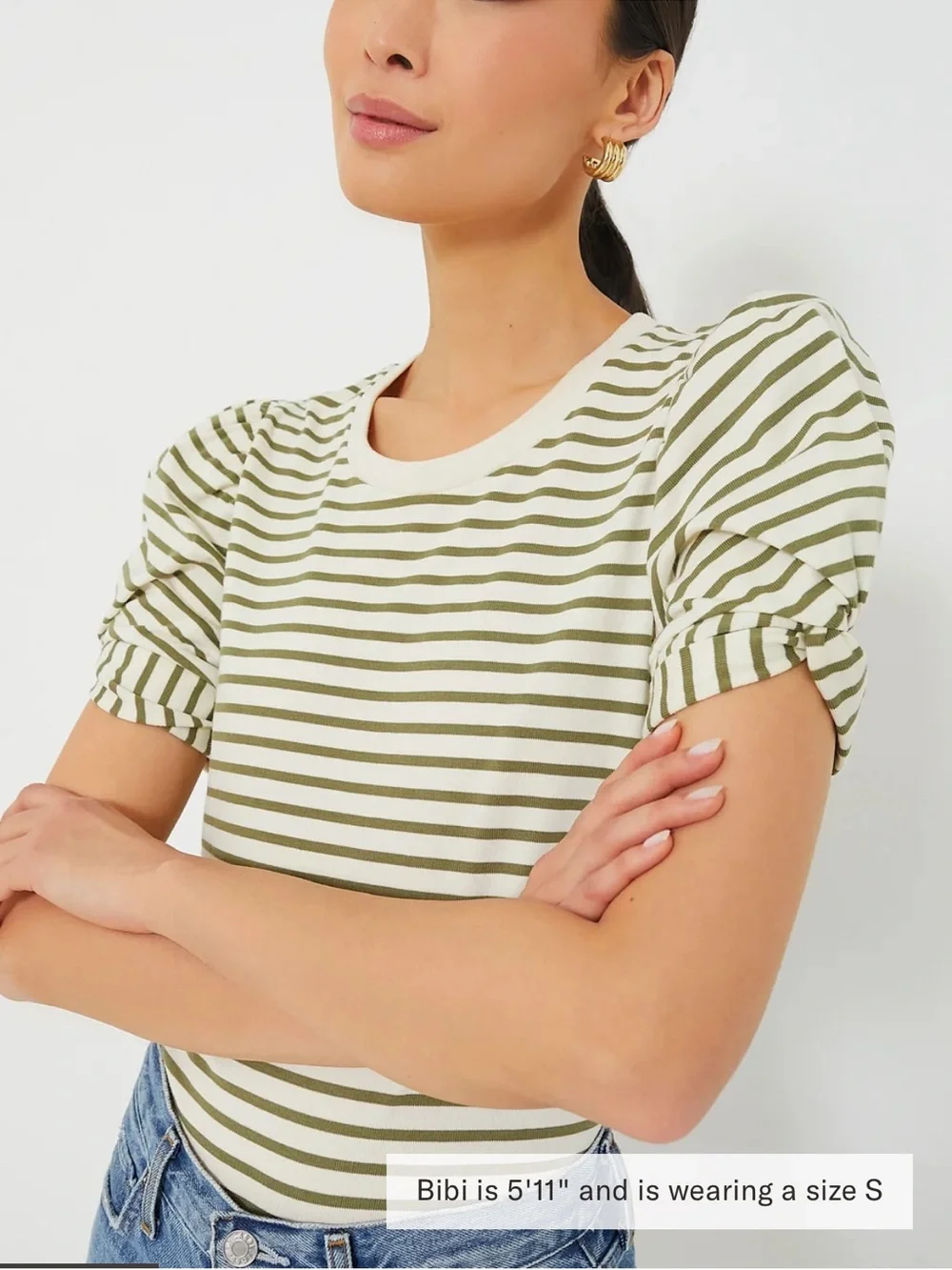 Tuckernuck Olive & Cream Puff-Sleeve Striped Tee